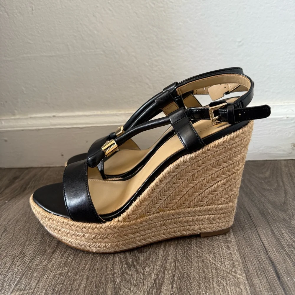 Michael Kors Annie Black Leather Espadrille Wedge Sandals size 7 Women